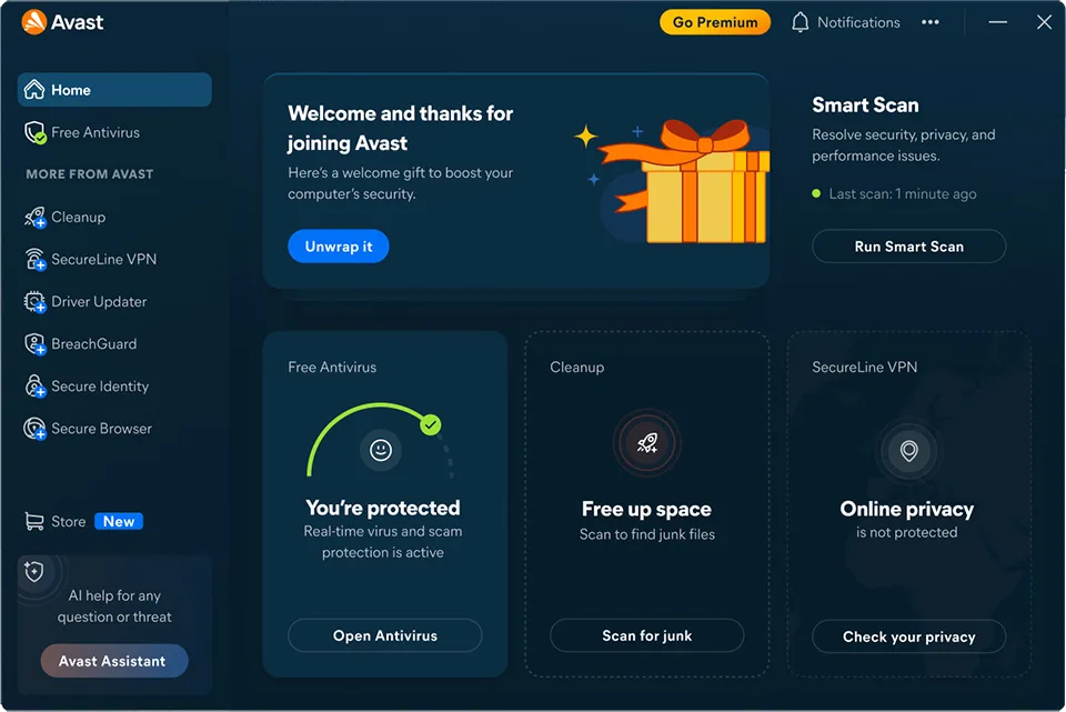 Screenshot of the Avast One Free Antivirus user interface