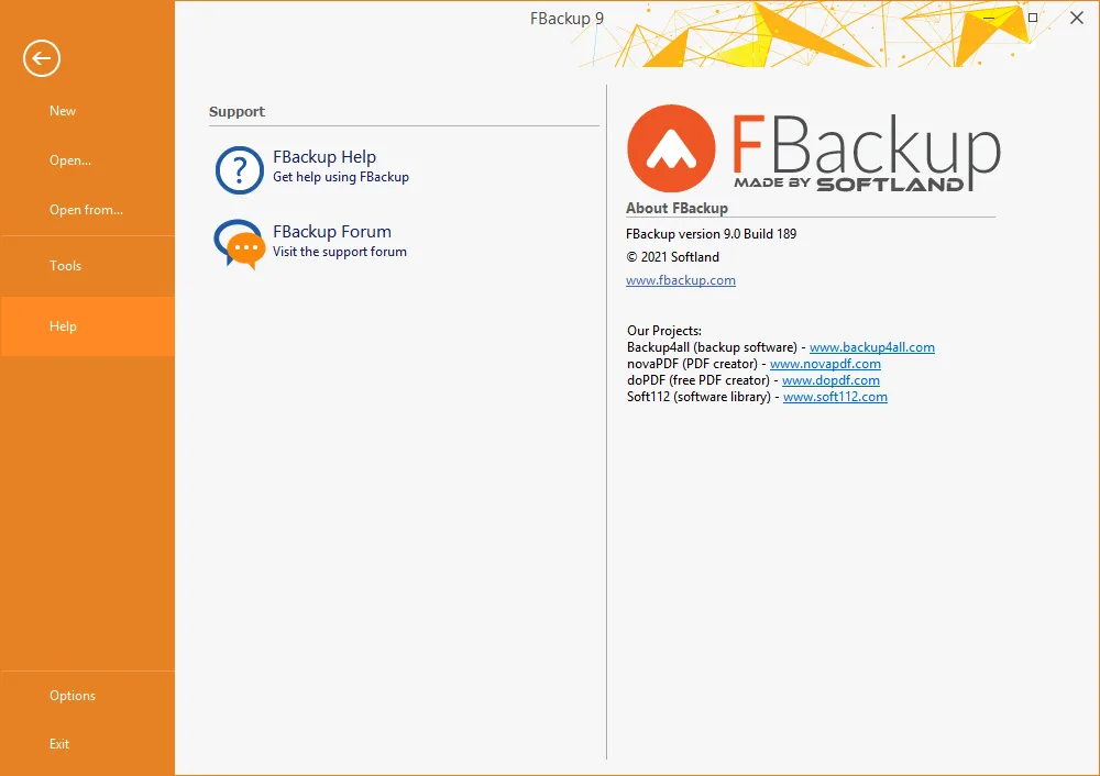 Screenshot der Benutzeroberfläche von FBackup